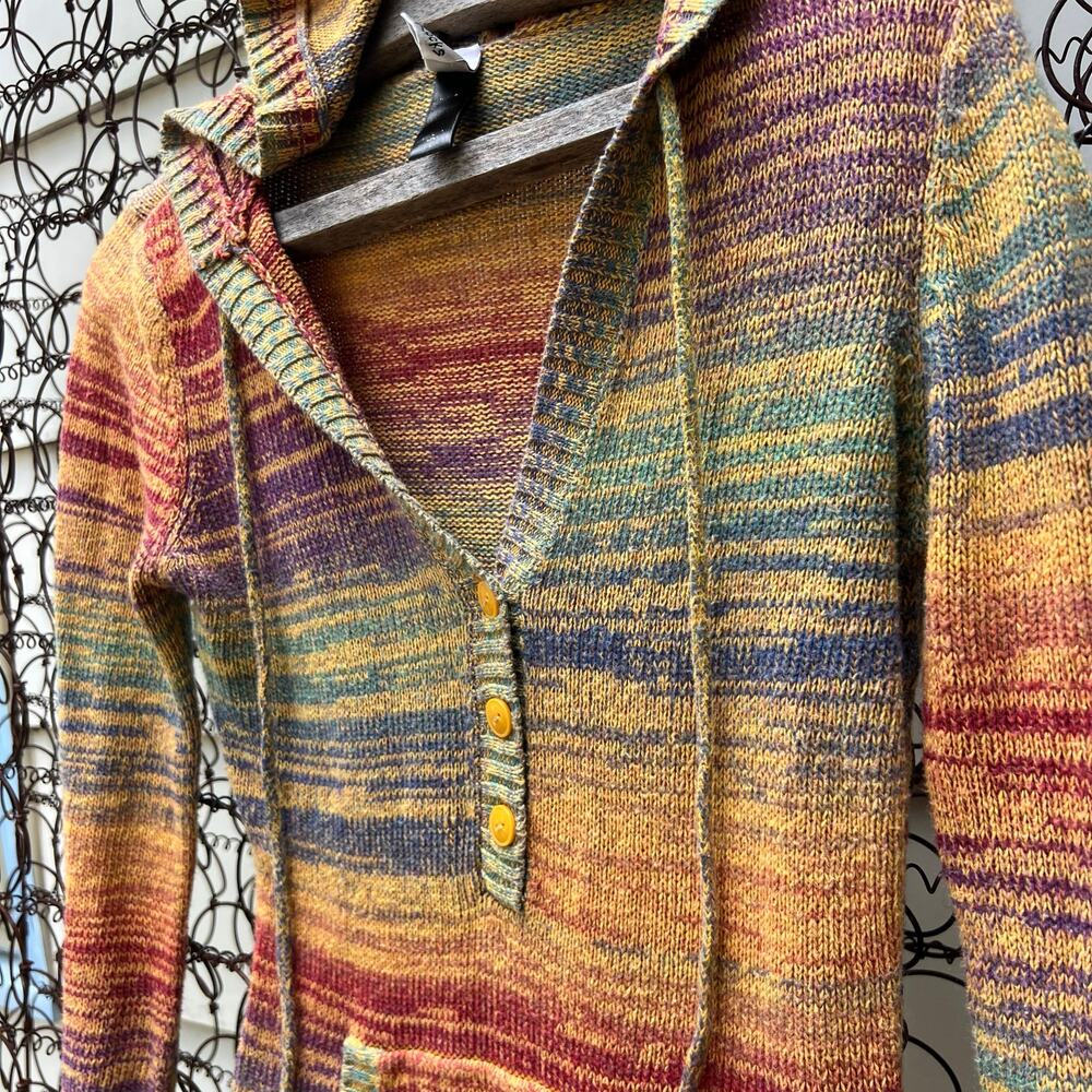 Vintage Y2K Love Rocks Multicolor Fall Hooded V Neck Button Sweater Pocket SMALL - Picture 5 of 9